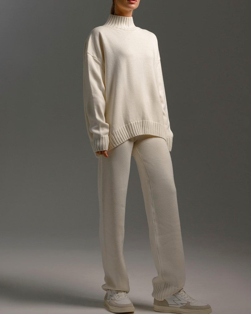 Turtleneck Knit Sweater And Trouser Set - White - 1