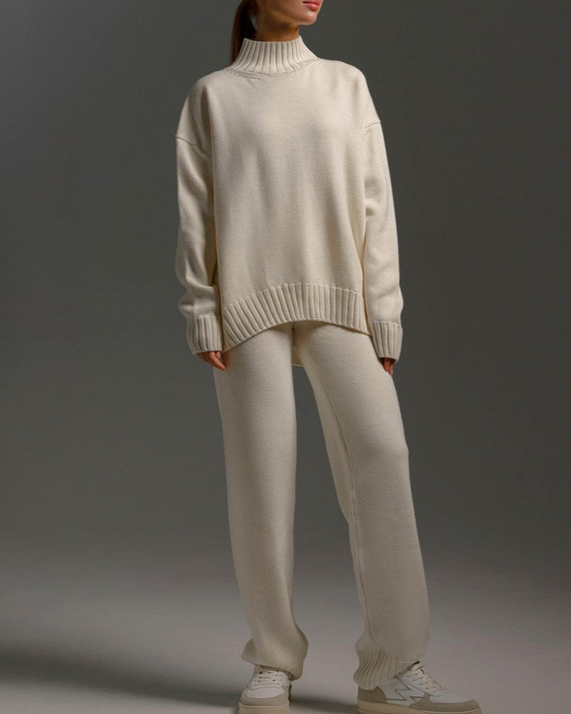 Turtleneck Knit Sweater And Trouser Set - White - 2