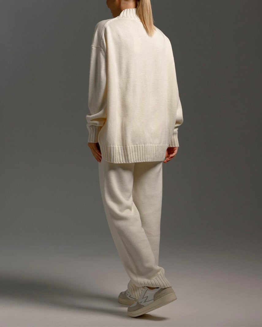Turtleneck Knit Sweater And Trouser Set - White - 3