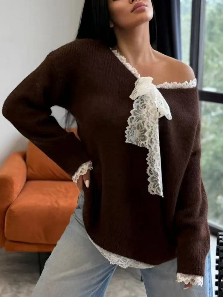 Lace Trim Slouchy Knit Sweater with Bow Neckline - Coffee