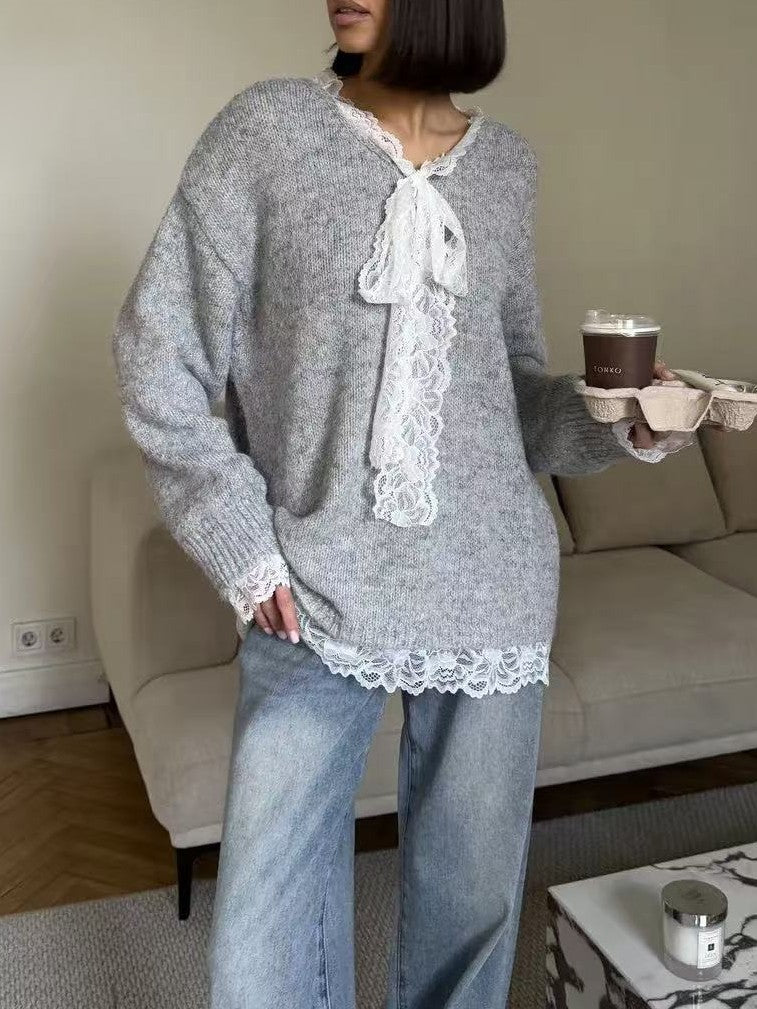 Lace Trim Slouchy Knit Sweater with Bow Neckline - Grey