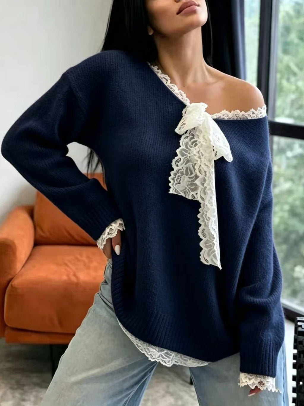 Lace Trim Slouchy Knit Sweater with Bow Neckline - Navy