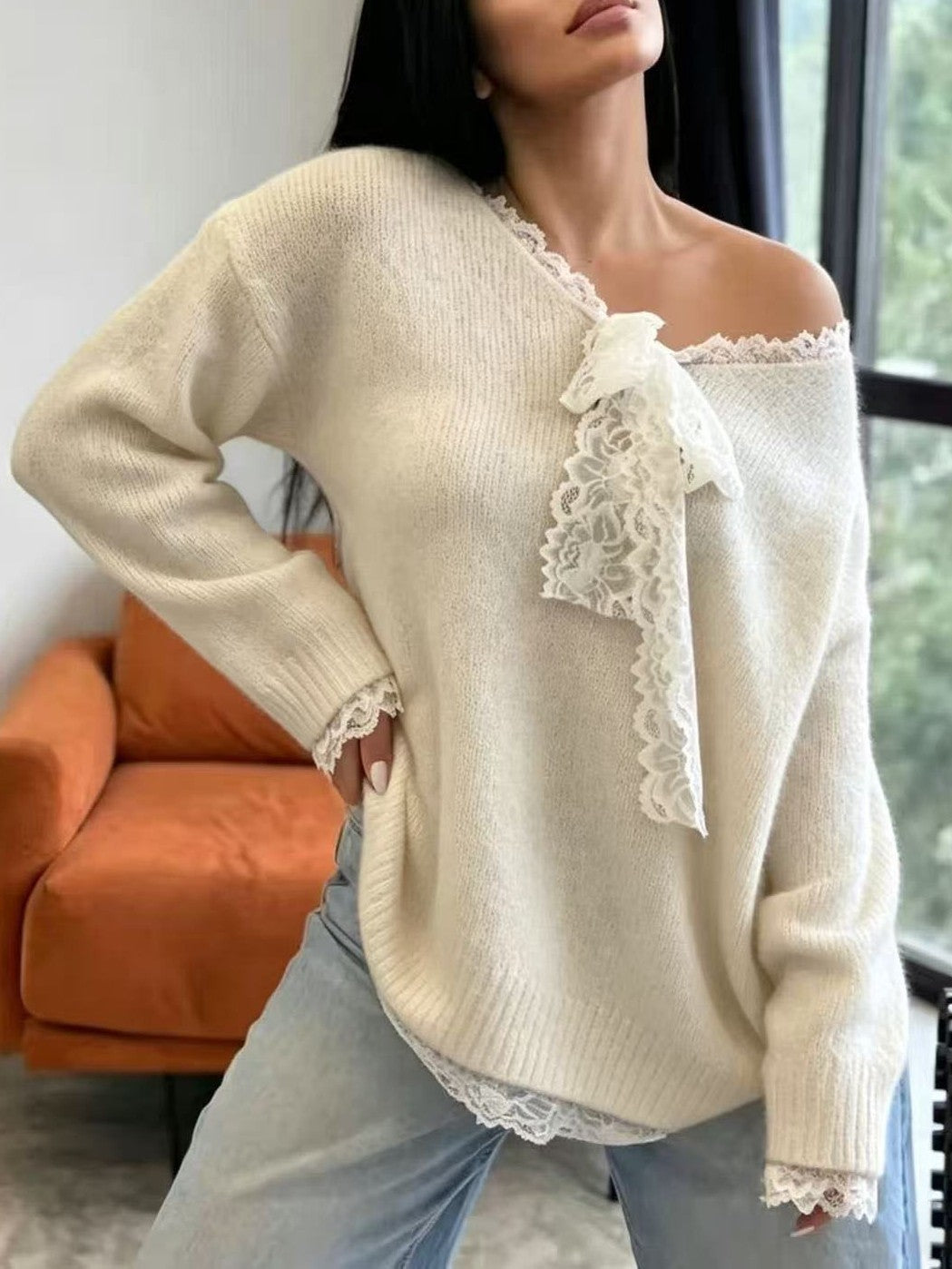 Lace Trim Slouchy Knit Sweater with Bow Neckline - White