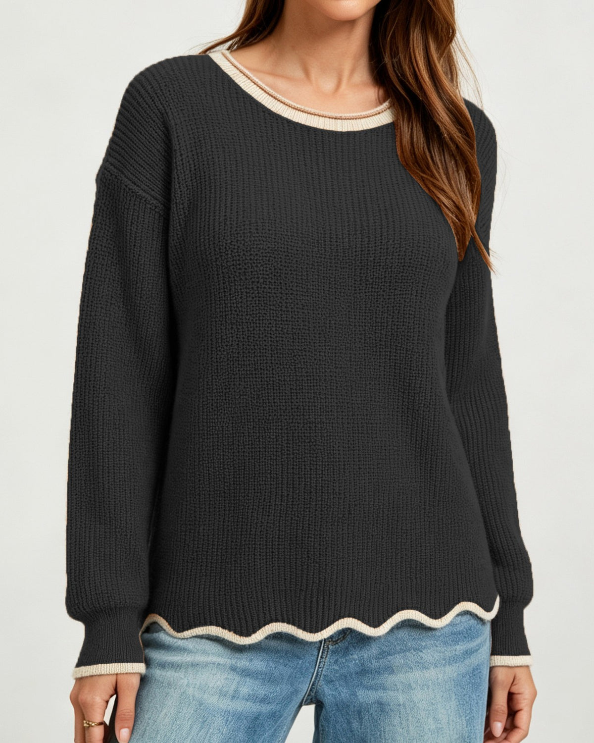 Wavy Trim Ribbed Knit Pullover Sweater - Black