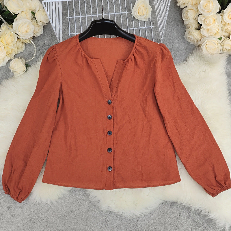 Crinkle Texture Button Front Peasant Blouse - Orange