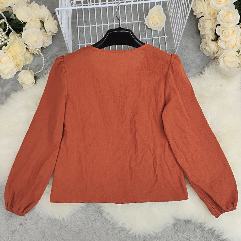 Crinkle Texture Button Front Peasant Blouse - Orange - 1