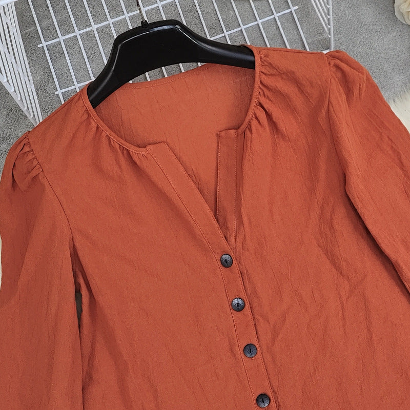 Crinkle Texture Button Front Peasant Blouse - Orange - 2