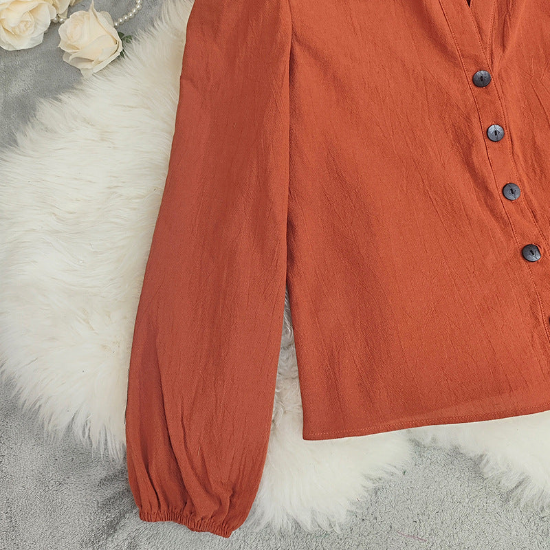Crinkle Texture Button Front Peasant Blouse - Orange - 3