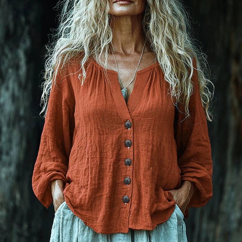 Crinkle Texture Button Front Peasant Blouse