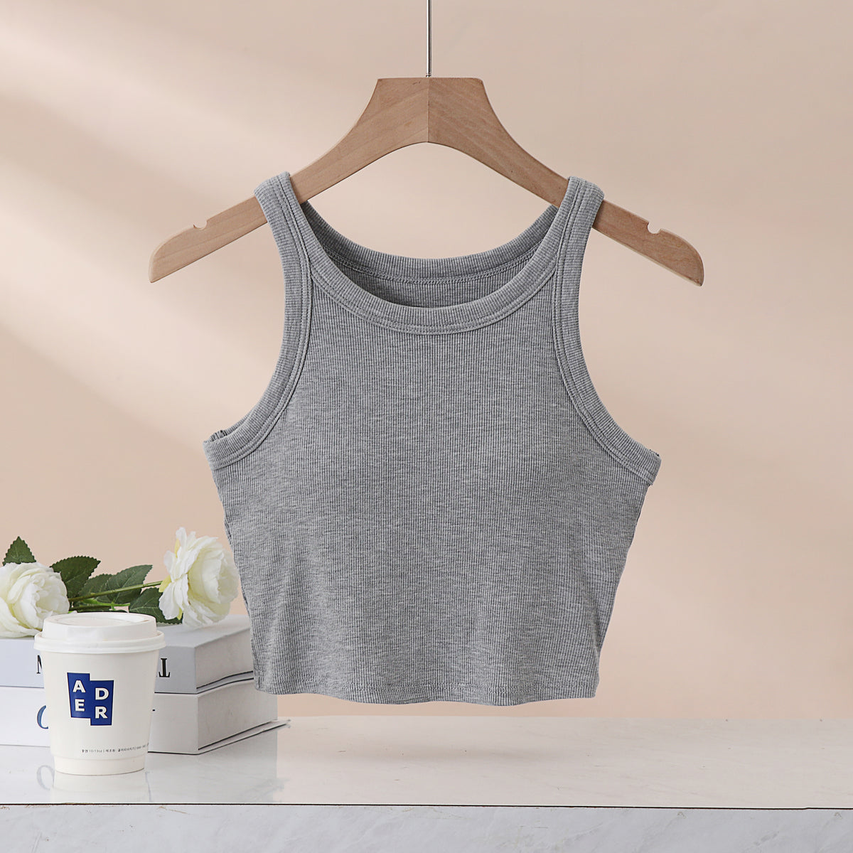Round Neck Ribbed Crop Tank With Bra Cups - Ash