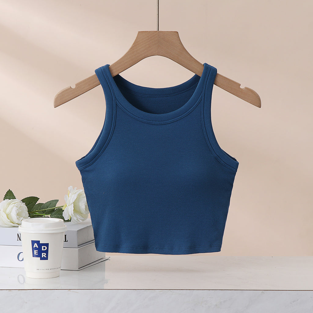Round Neck Ribbed Crop Tank With Bra Cups - Blue