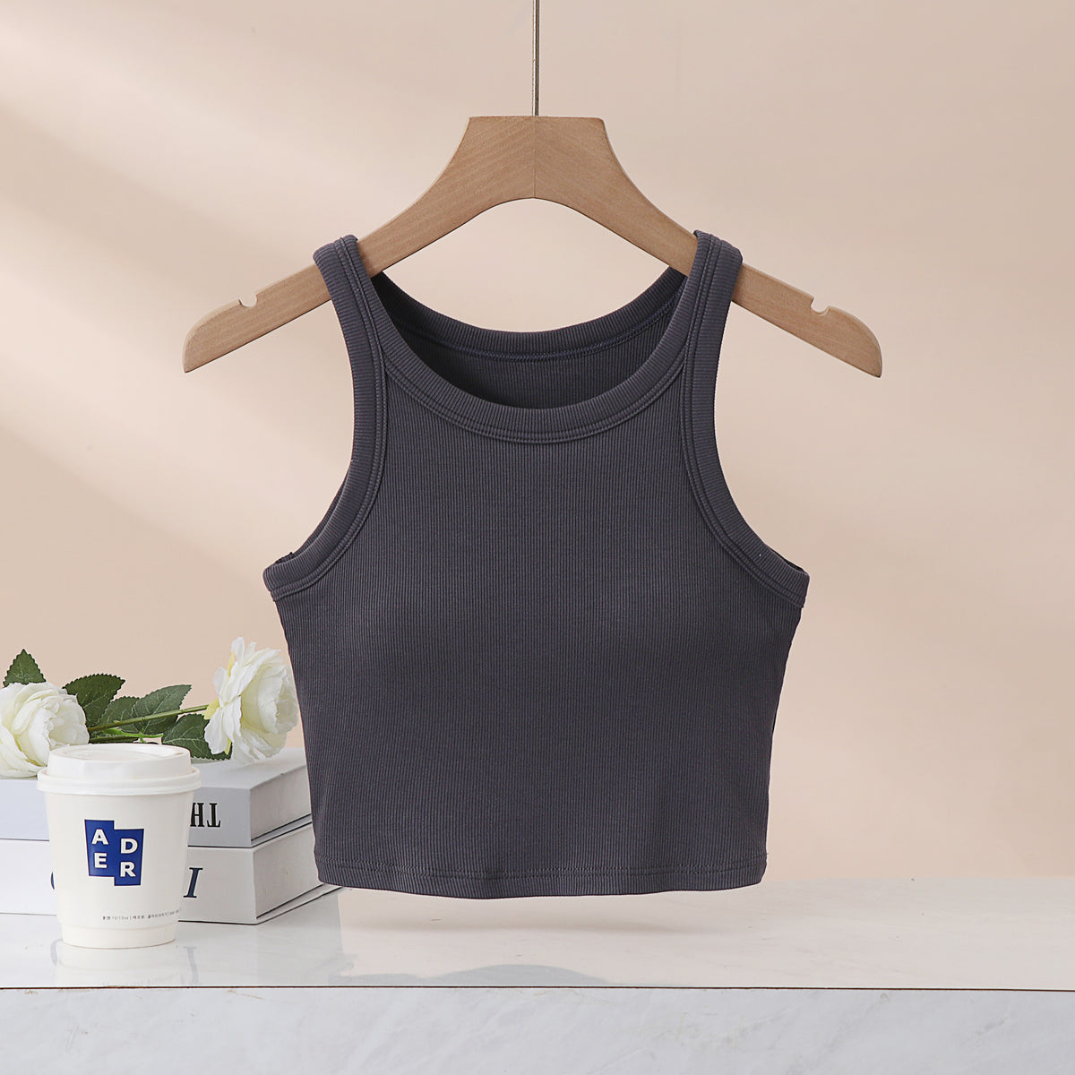 Round Neck Ribbed Crop Tank With Bra Cups - Gray