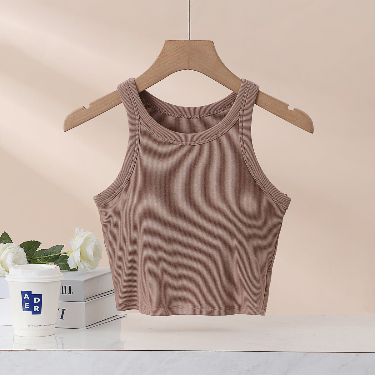 Round Neck Ribbed Crop Tank With Bra Cups - Khaki