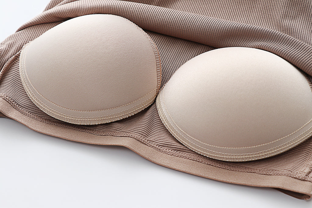Round Neck Ribbed Crop Tank With Bra Cups - Khaki - 10