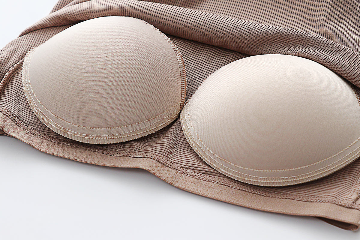 Round Neck Ribbed Crop Tank With Bra Cups - Khaki - 10