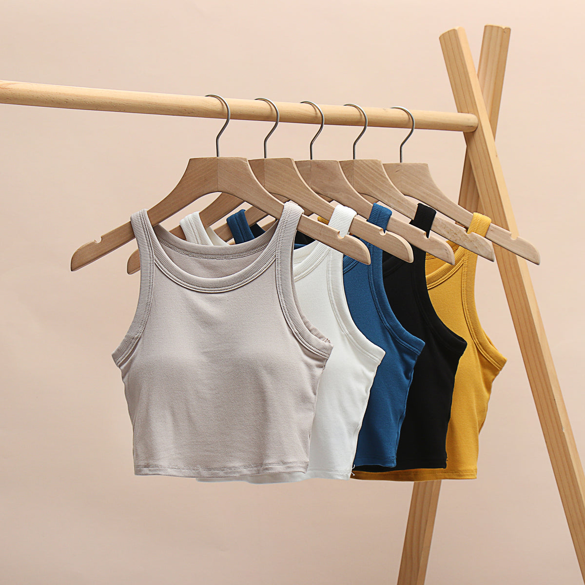 Round Neck Ribbed Crop Tank With Bra Cups - Khaki - 12