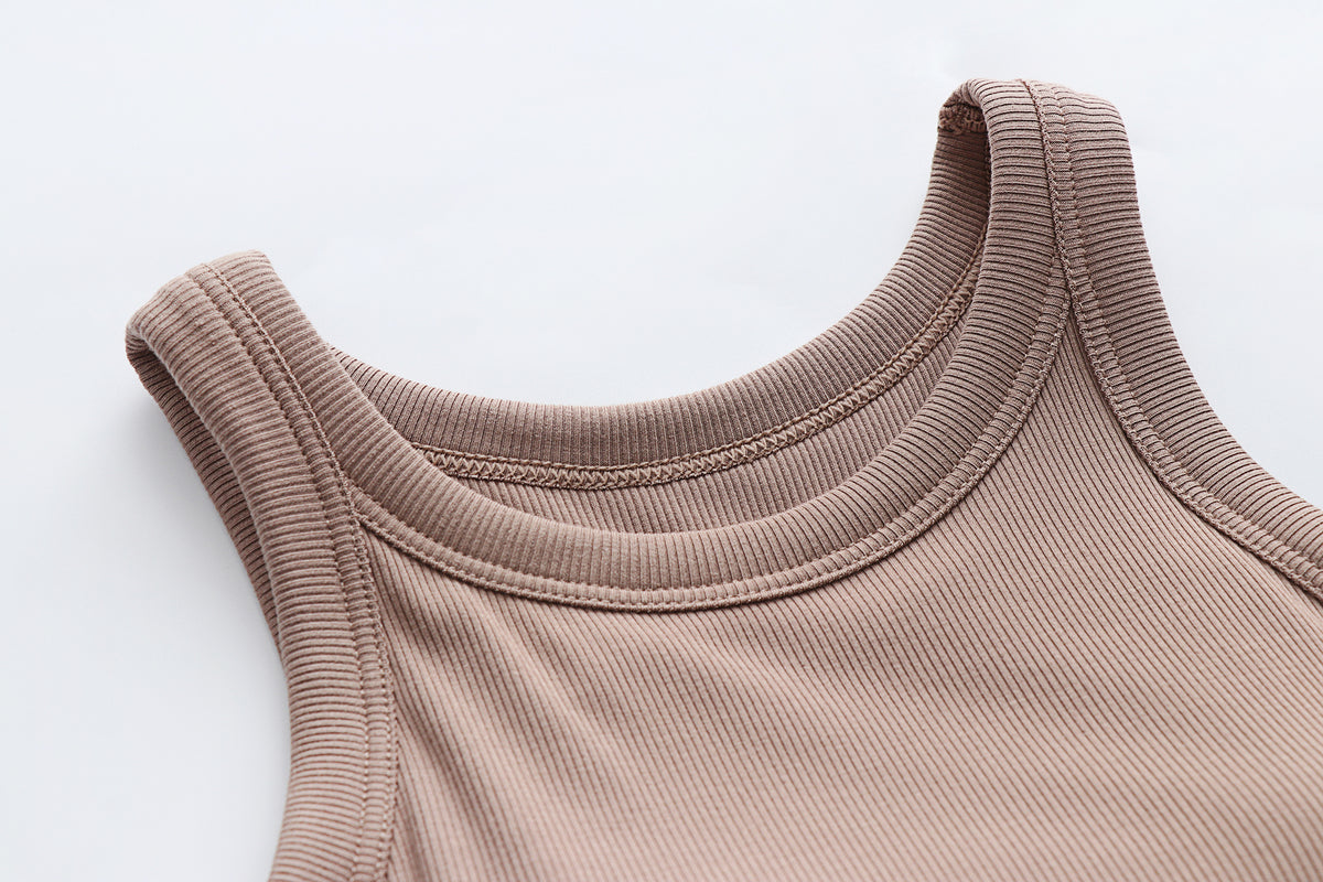 Round Neck Ribbed Crop Tank With Bra Cups - Khaki - 2