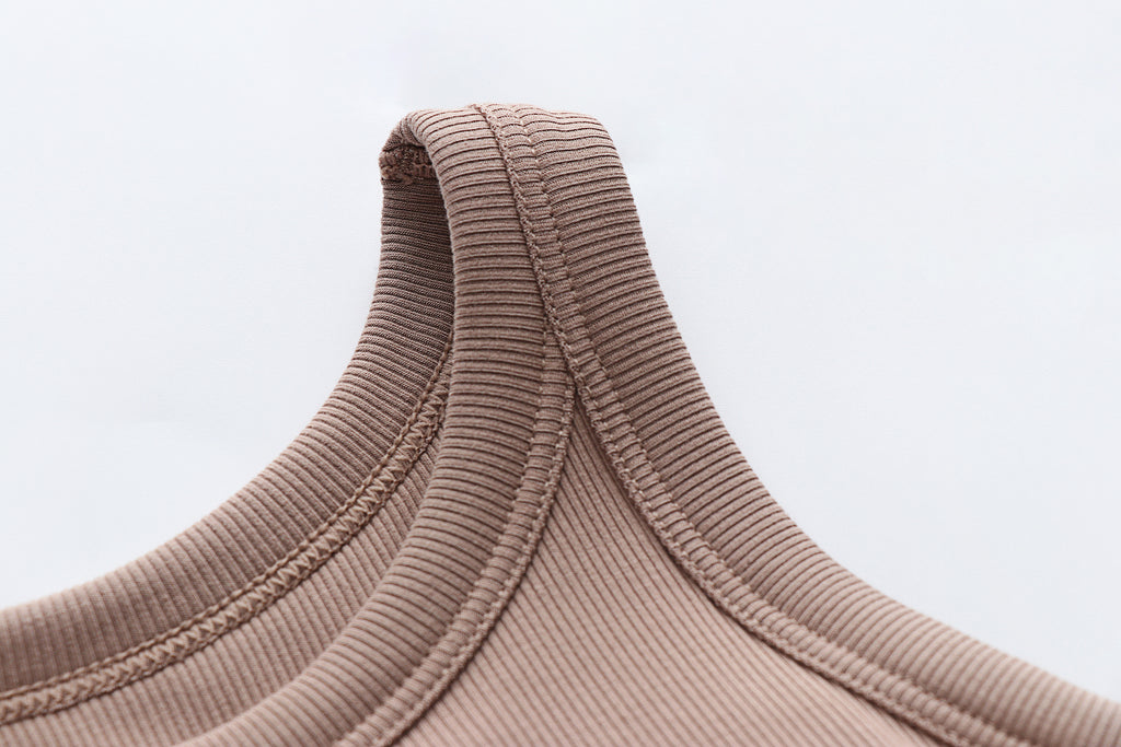 Round Neck Ribbed Crop Tank With Bra Cups - Khaki - 3