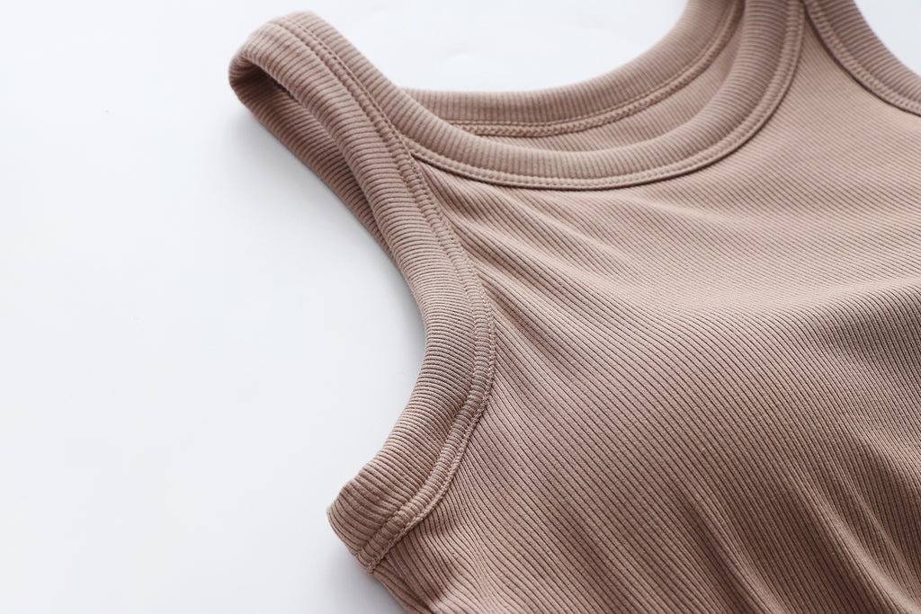 Round Neck Ribbed Crop Tank With Bra Cups - Khaki - 4