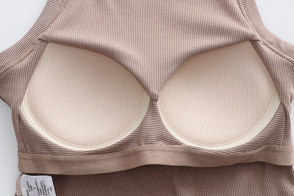 Round Neck Ribbed Crop Tank With Bra Cups - Khaki - 7