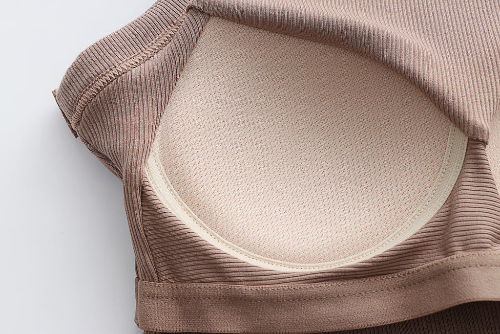 Round Neck Ribbed Crop Tank With Bra Cups - Khaki - 8