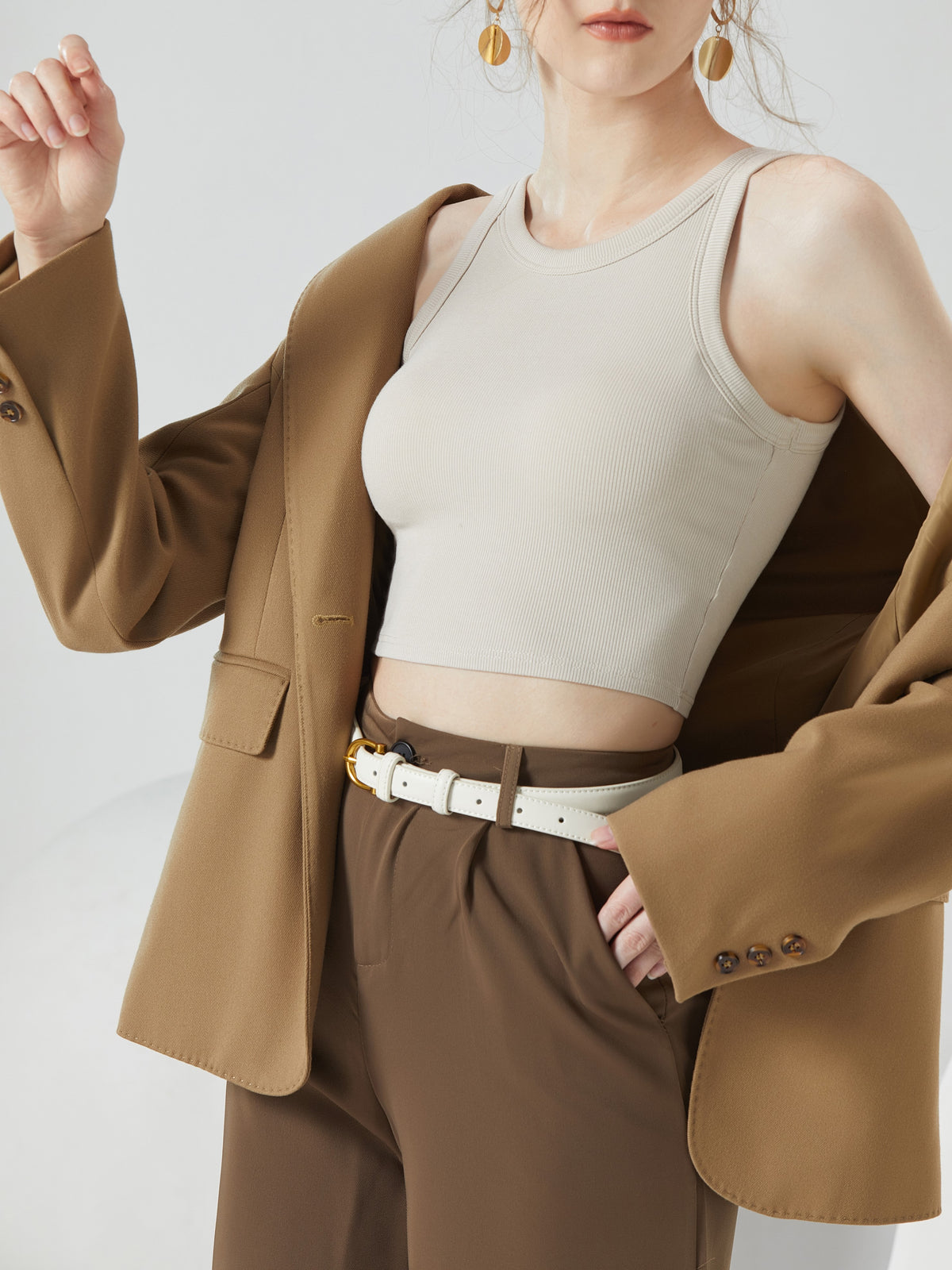 Round Neck Ribbed Crop Tank With Bra Cups - Tan - 1