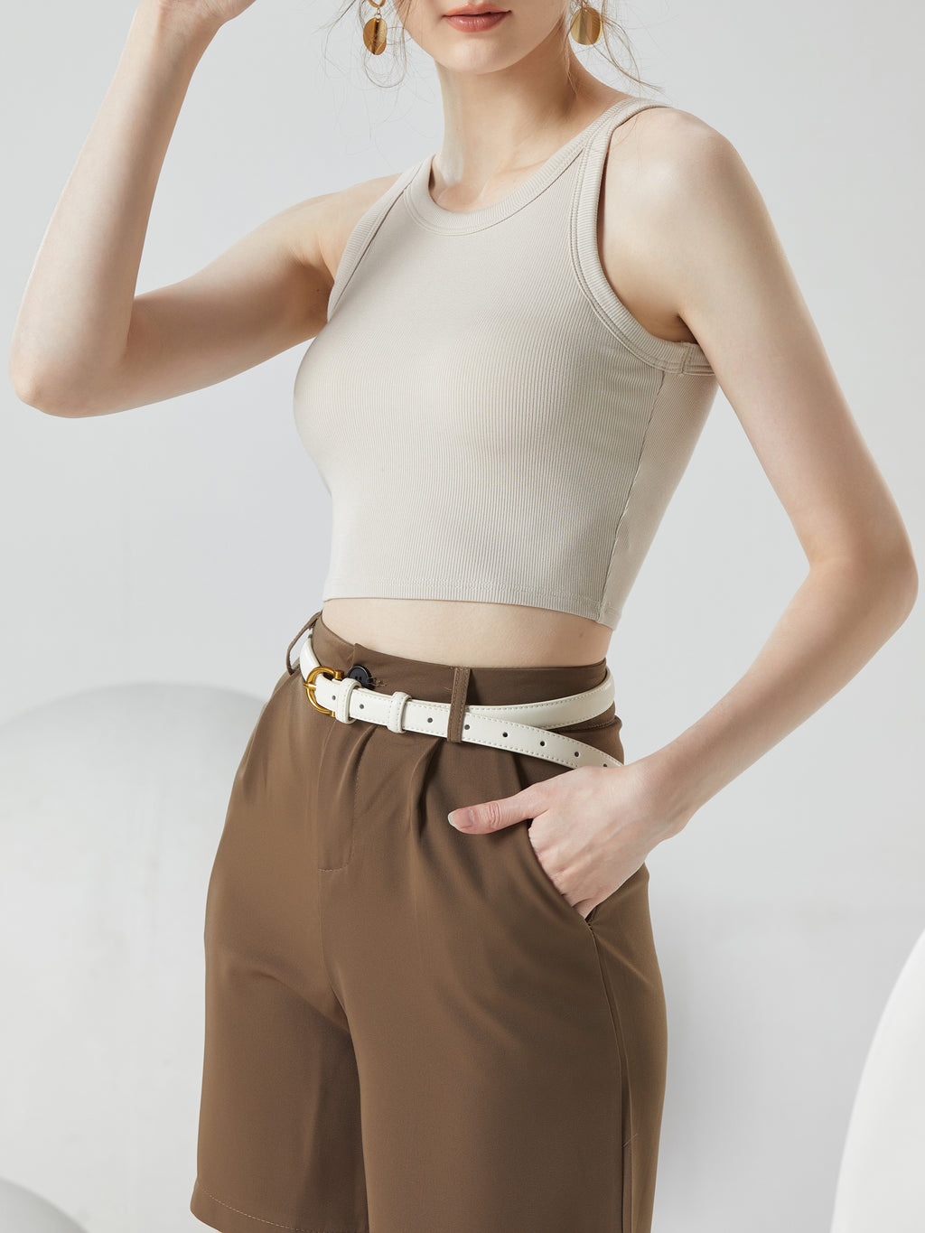 Round Neck Ribbed Crop Tank With Bra Cups - Tan - 10