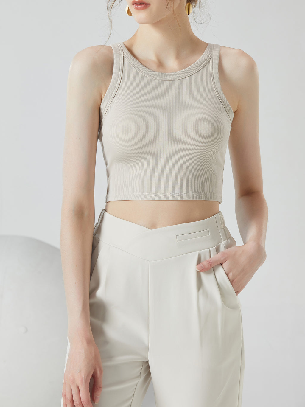 Round Neck Ribbed Crop Tank With Bra Cups - Tan - 3