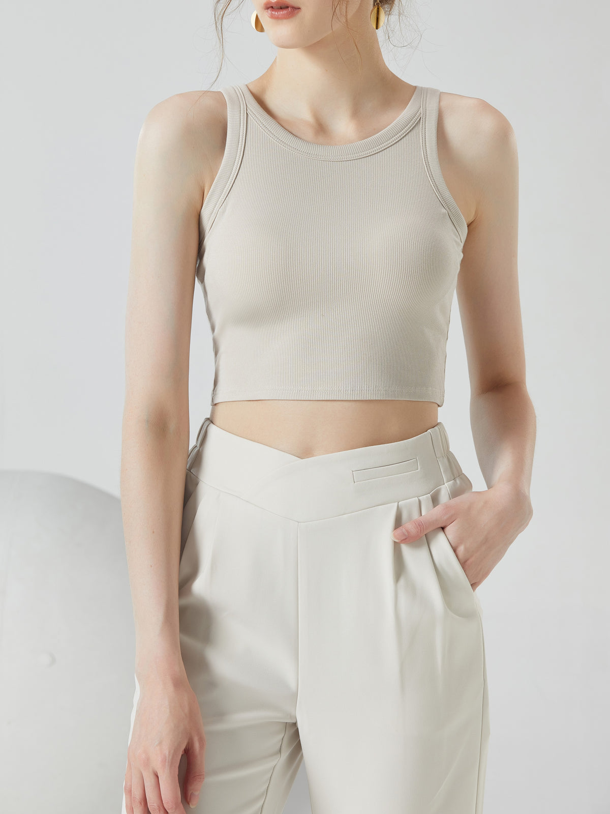 Round Neck Ribbed Crop Tank With Bra Cups - Tan - 3