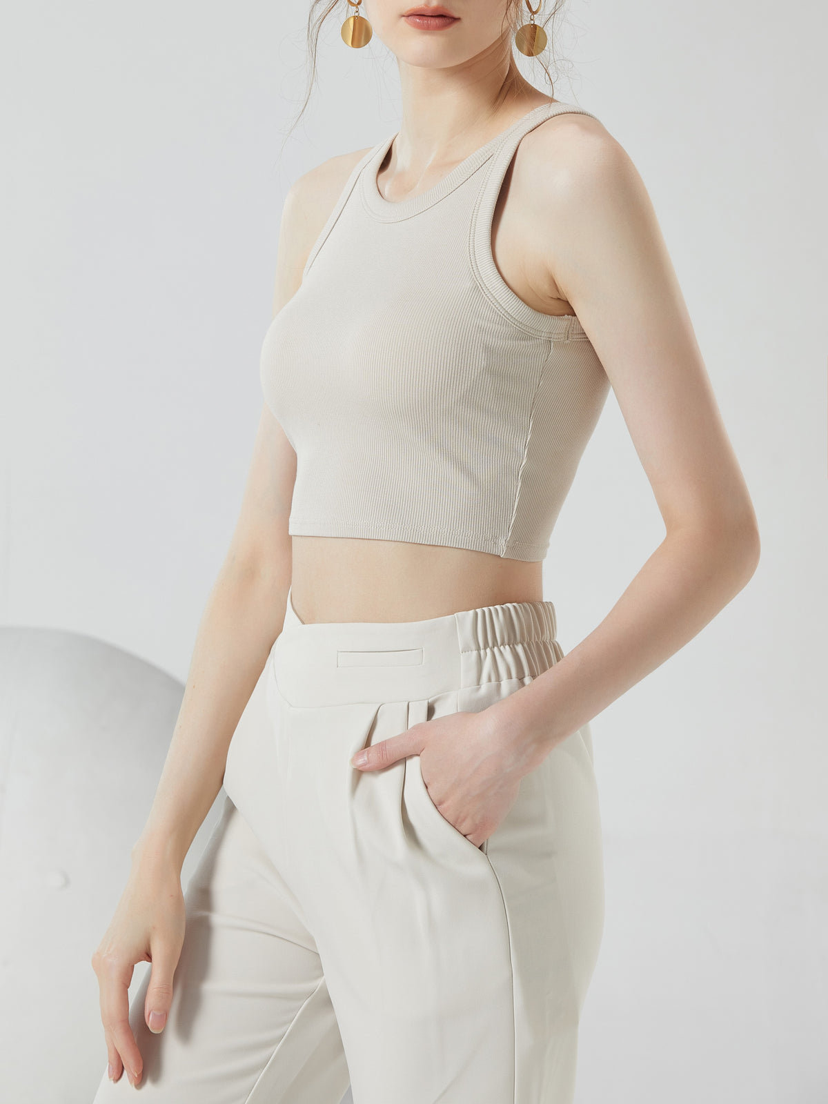 Round Neck Ribbed Crop Tank With Bra Cups - Tan - 4