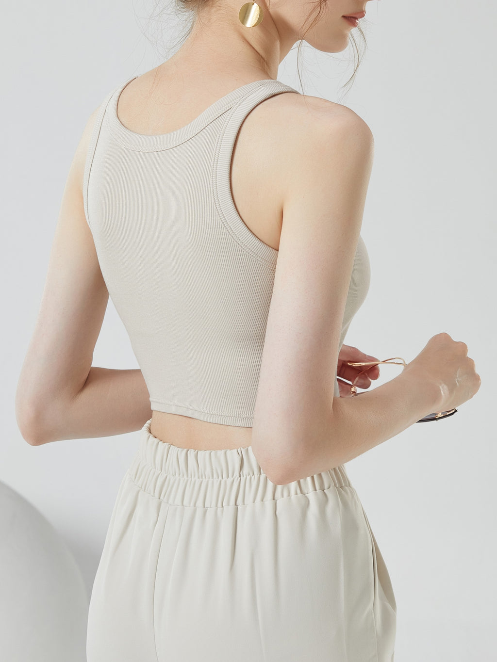 Round Neck Ribbed Crop Tank With Bra Cups - Tan - 6