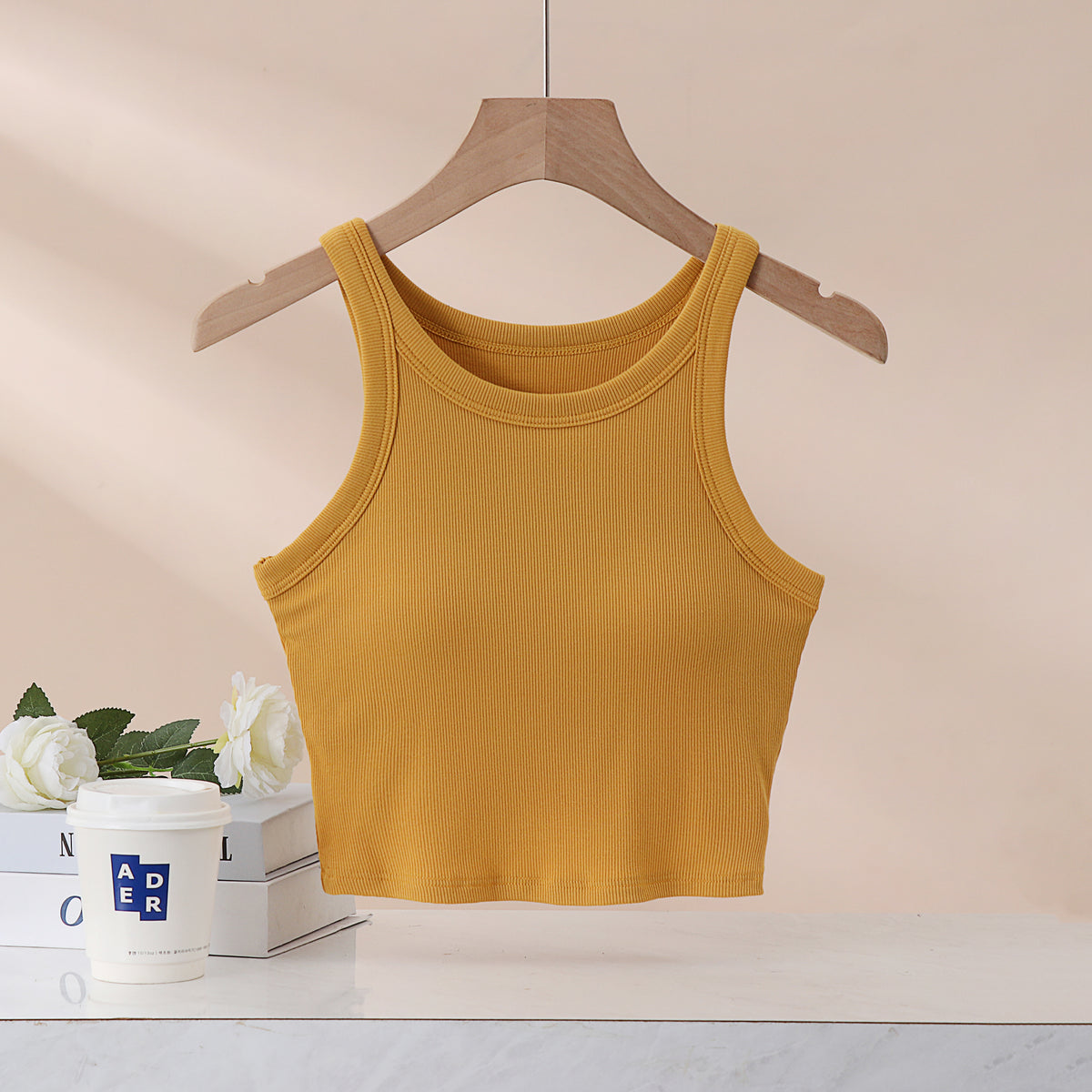 Round Neck Ribbed Crop Tank With Bra Cups - Yellow