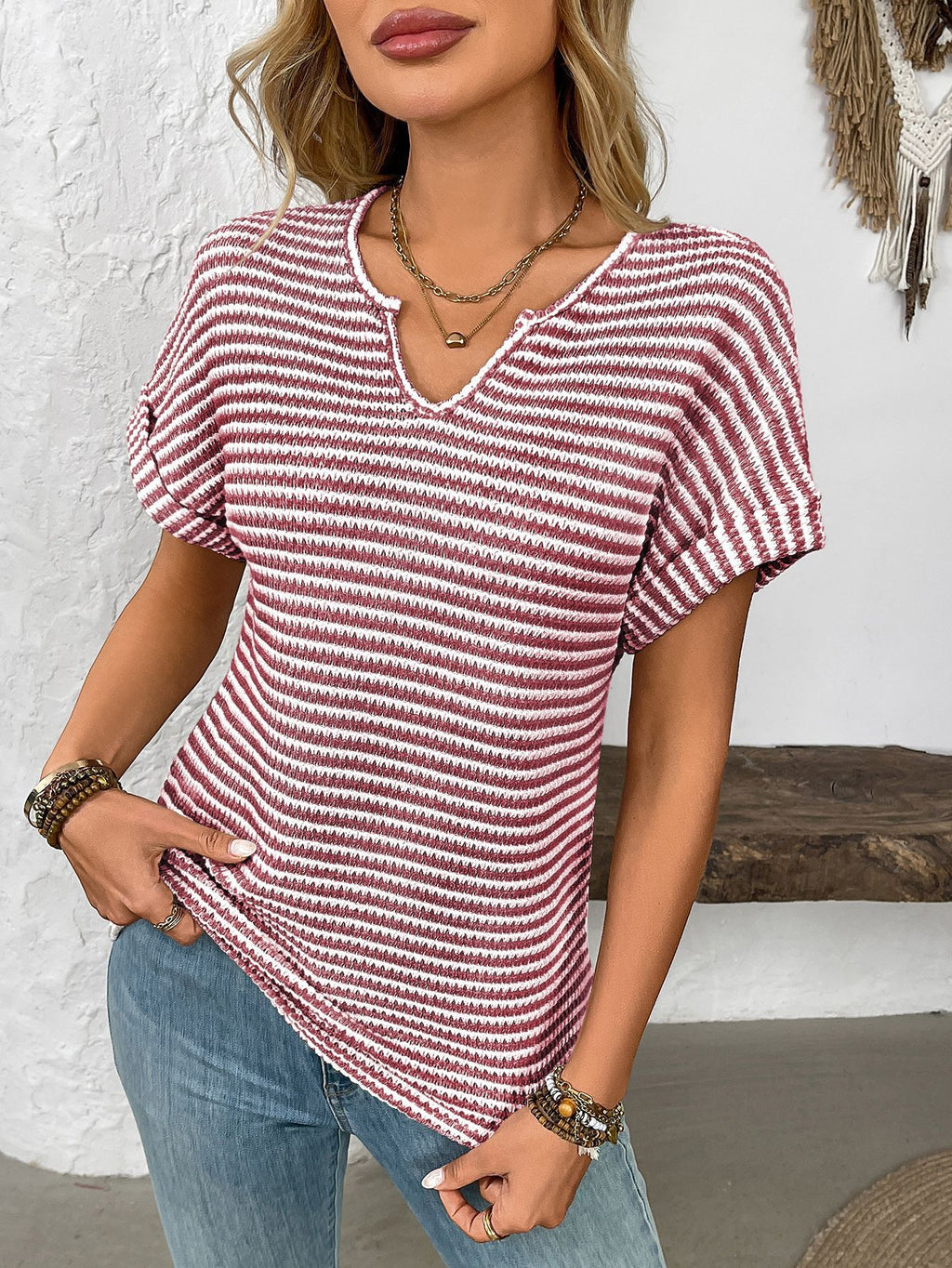 Textured Stripe Dolman Sleeve V Neck Tee - Red