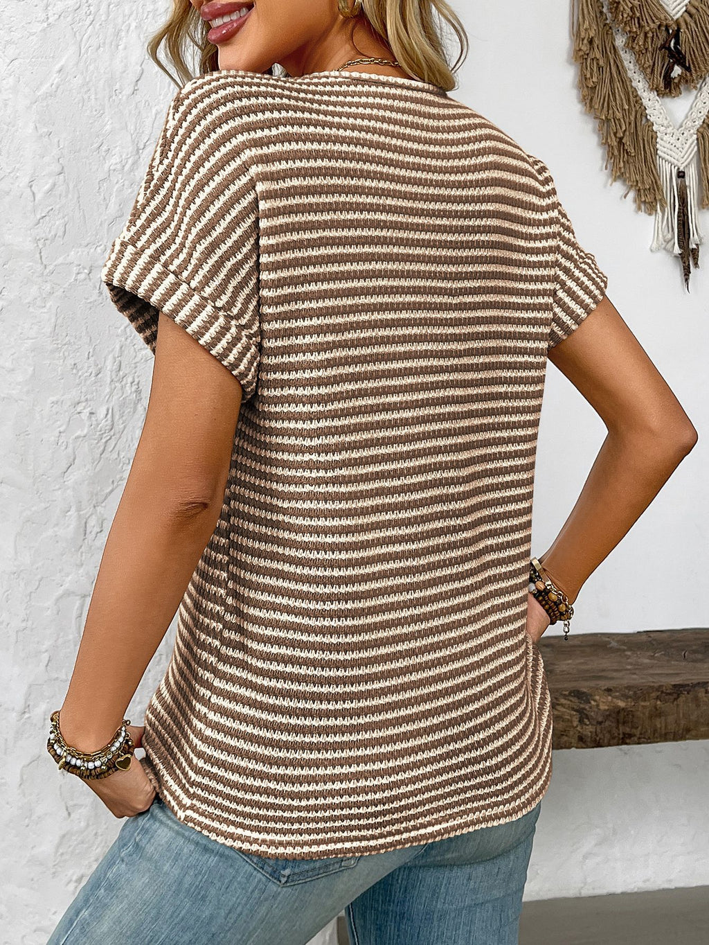 Textured Stripe Dolman Sleeve V Neck Tee - view 1