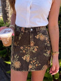 Brown Floral Print Denim Mini Skirt - Brown