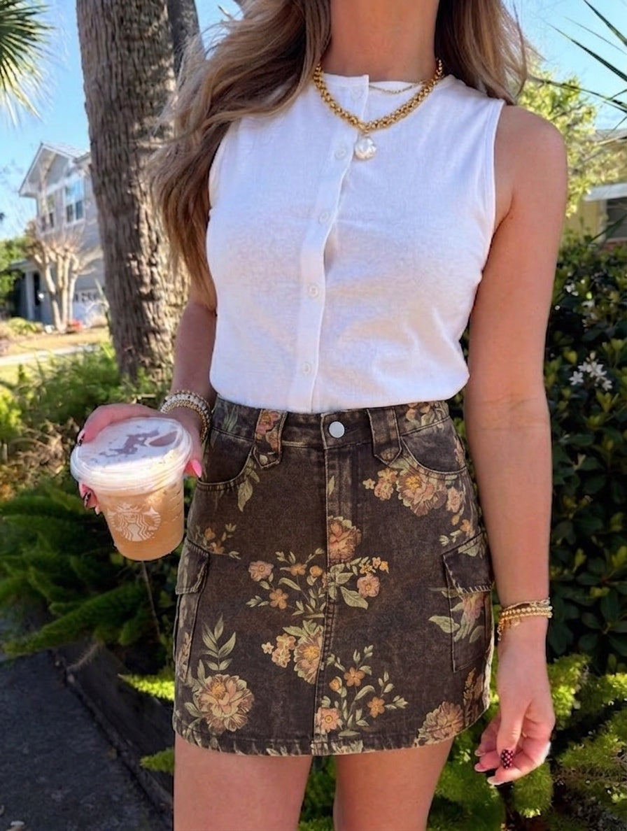 Brown Floral Print Denim Mini Skirt - Brown - 4