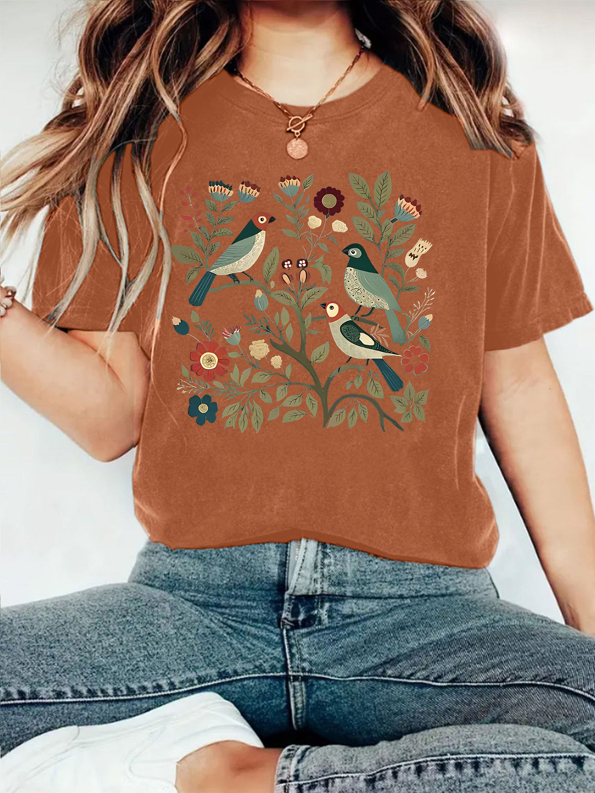 Cottagecore Bird Garden Graphic T-Shirt - Brown