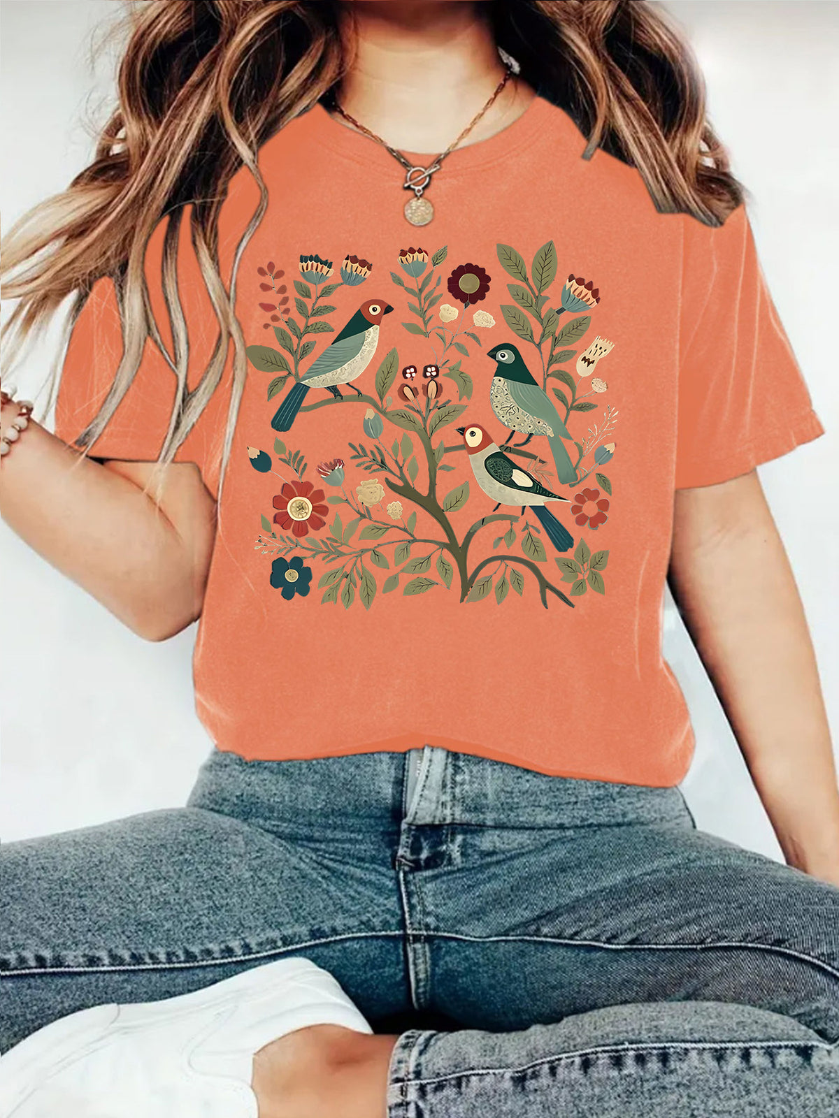 Cottagecore Bird Garden Graphic T-Shirt - Orange