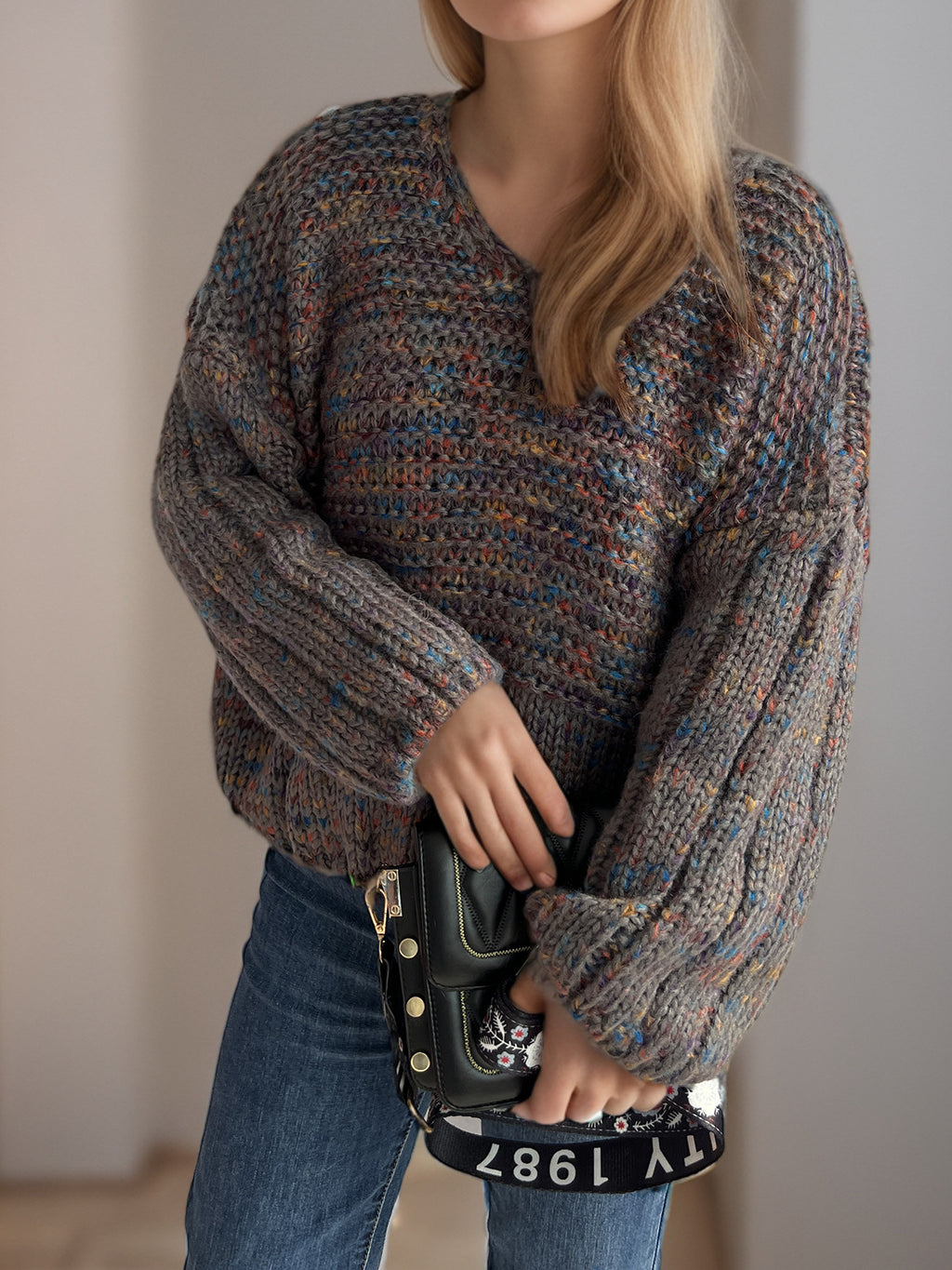 Marled Balloon Sleeve Cropped Jumper - Grey - 2