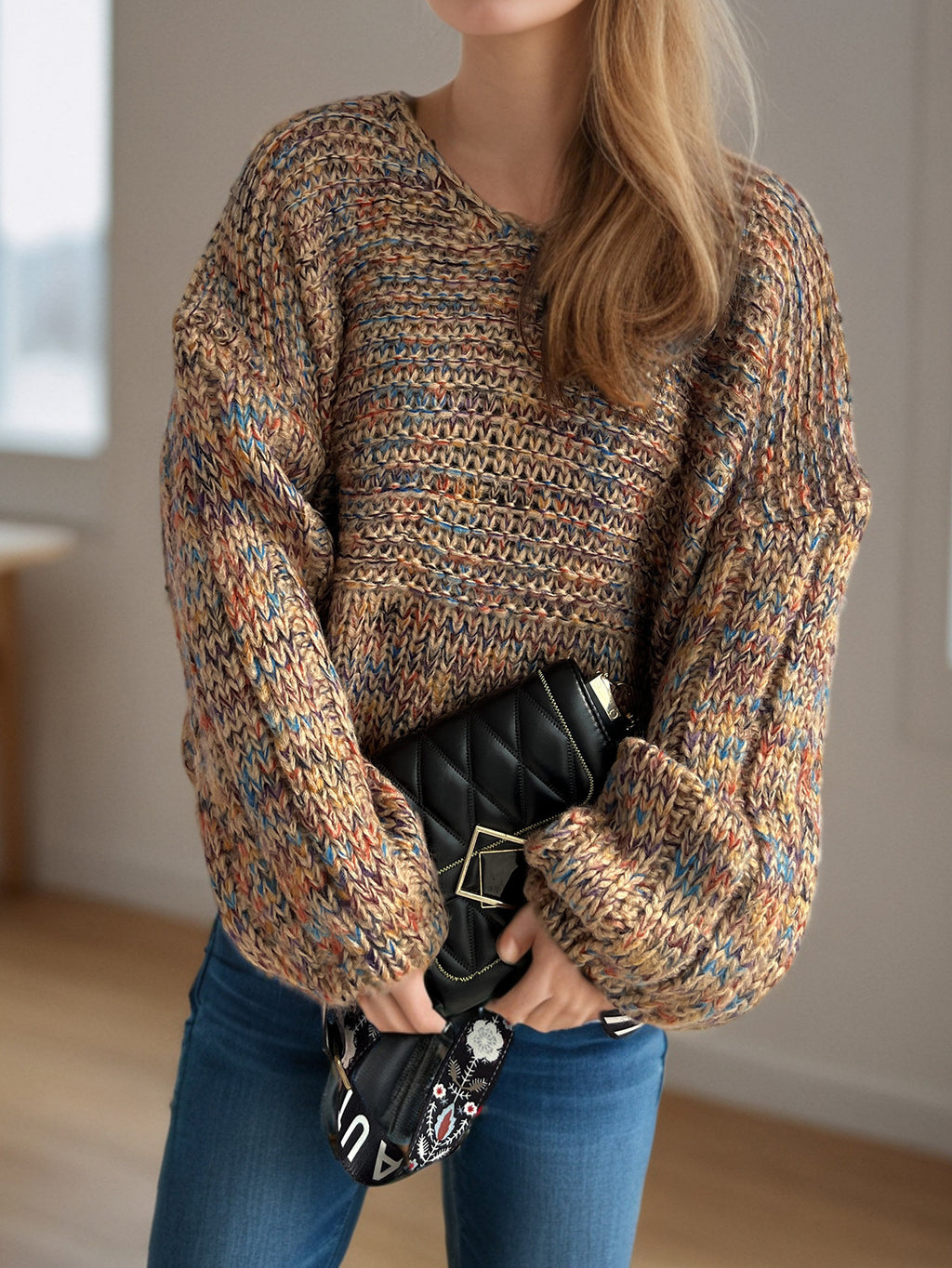 Marled Balloon Sleeve Cropped Jumper - Khaki