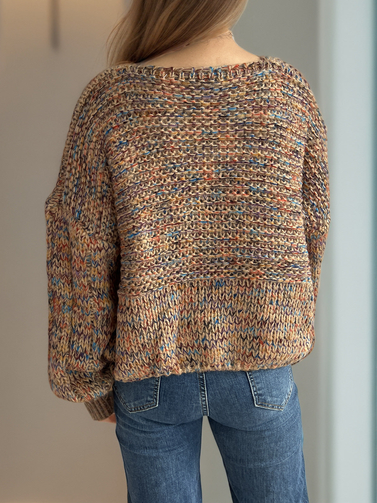 Marled Balloon Sleeve Cropped Jumper - Khaki - 1