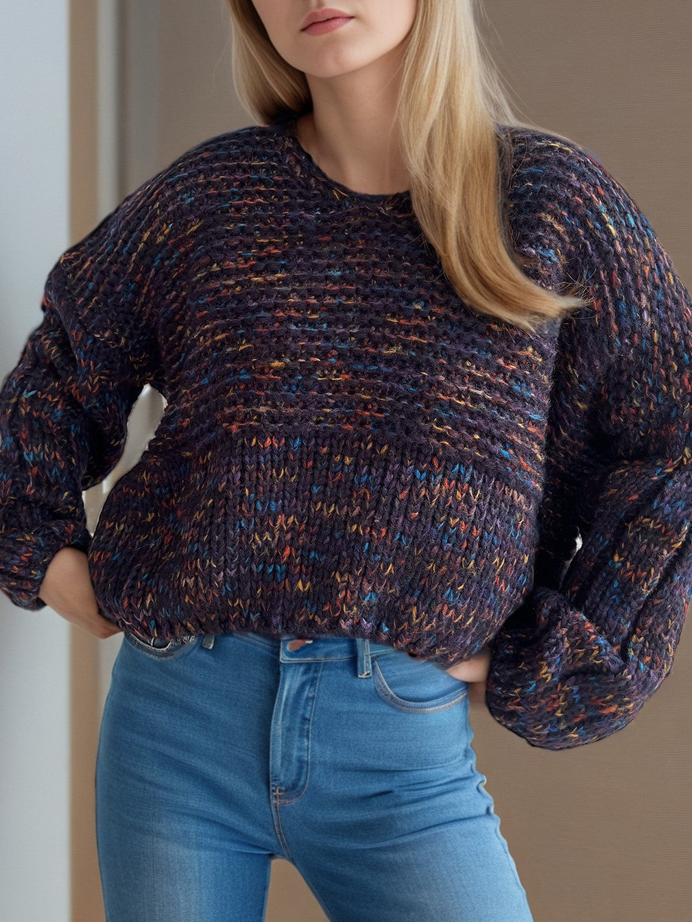Marled Balloon Sleeve Cropped Jumper - Navy