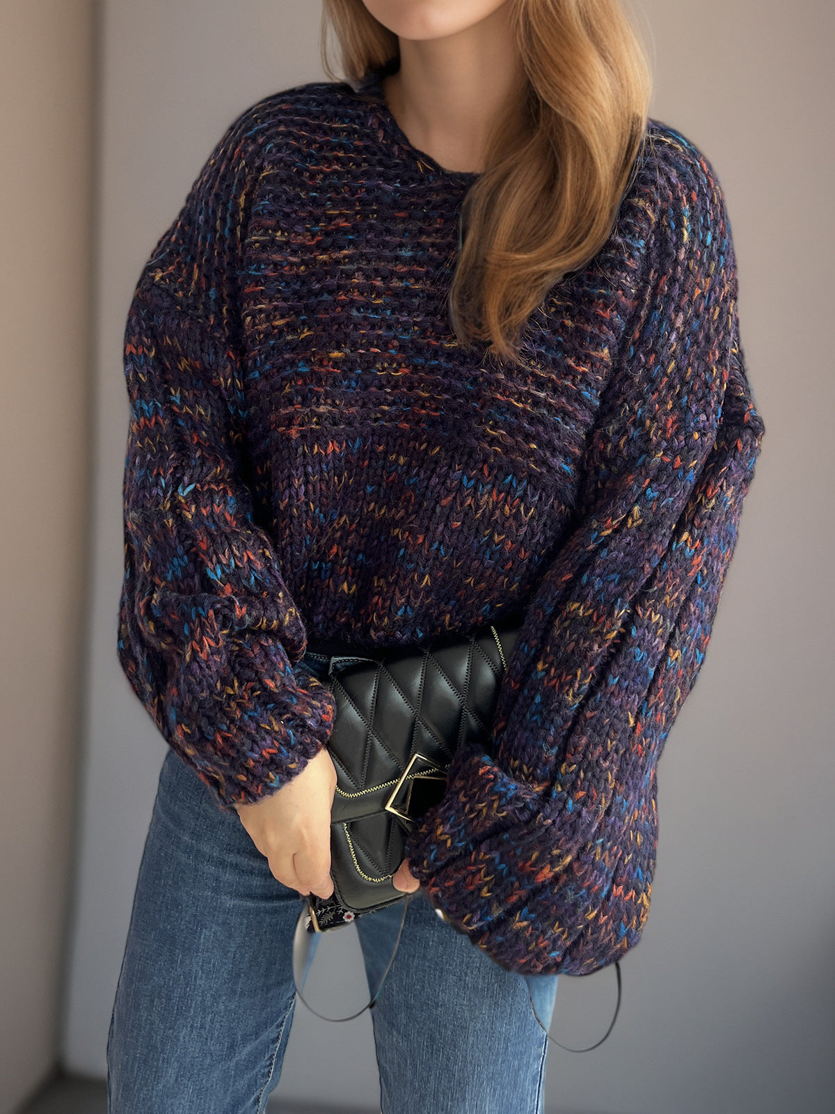 Marled Balloon Sleeve Cropped Jumper - Navy - 1