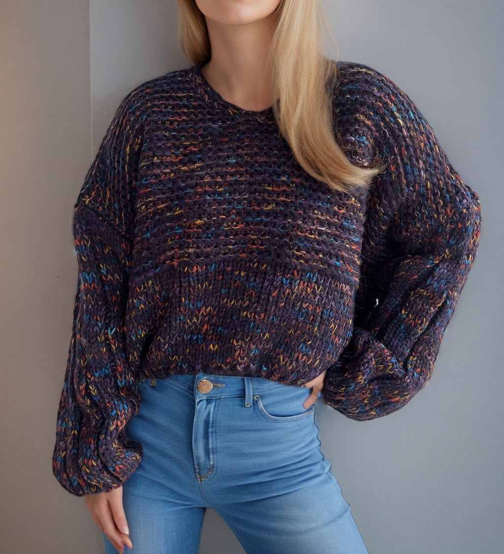 Marled Balloon Sleeve Cropped Jumper - Navy - 2