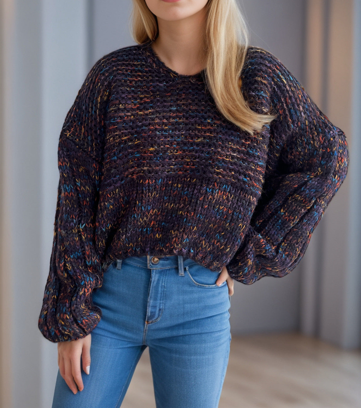 Marled Balloon Sleeve Cropped Jumper - Navy - 3