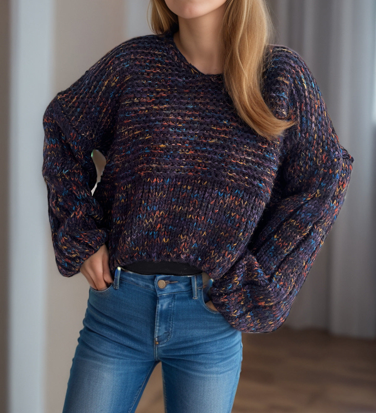 Marled Balloon Sleeve Cropped Jumper - Navy - 4