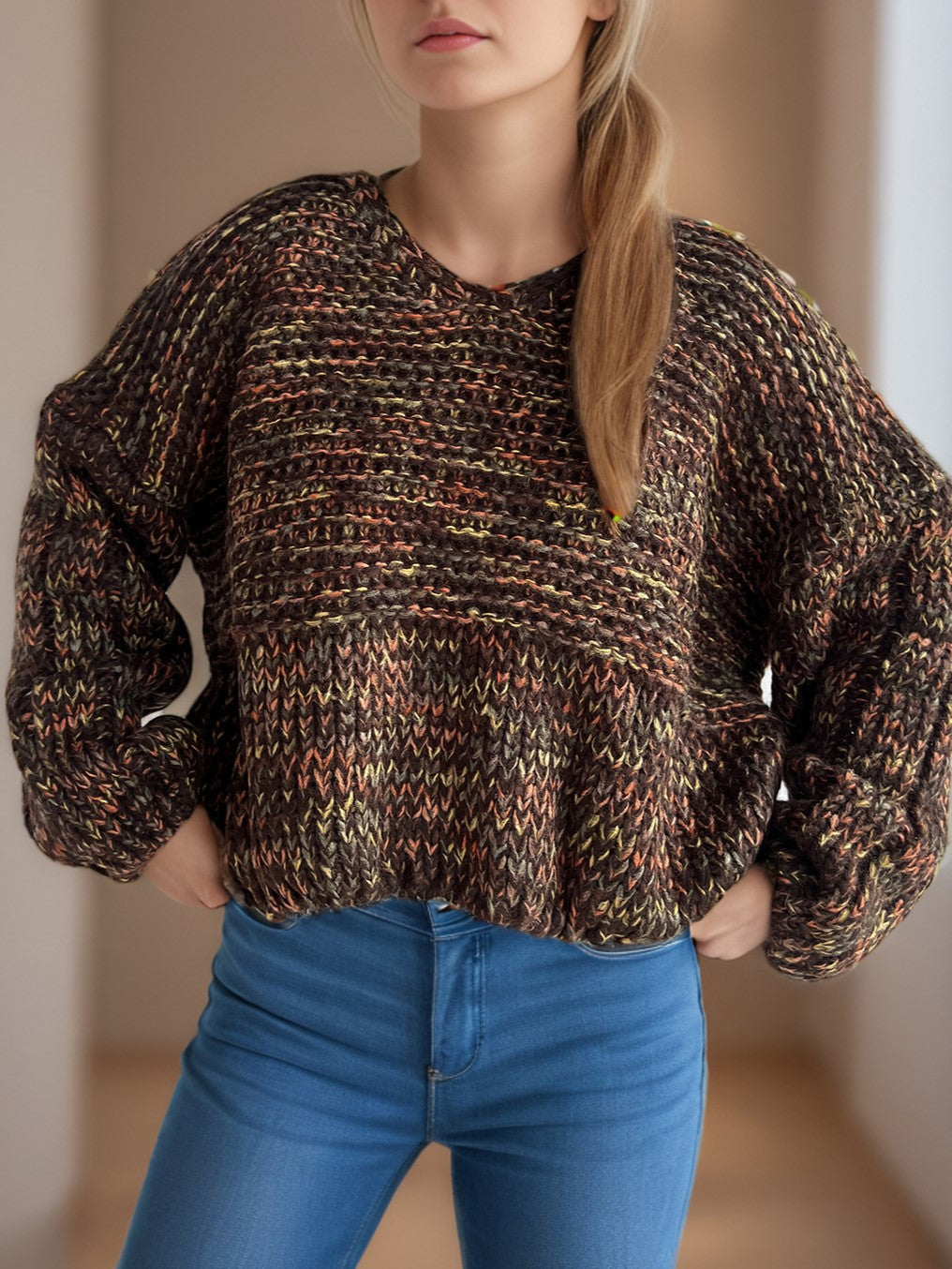 Marled Balloon Sleeve Cropped Jumper - brown