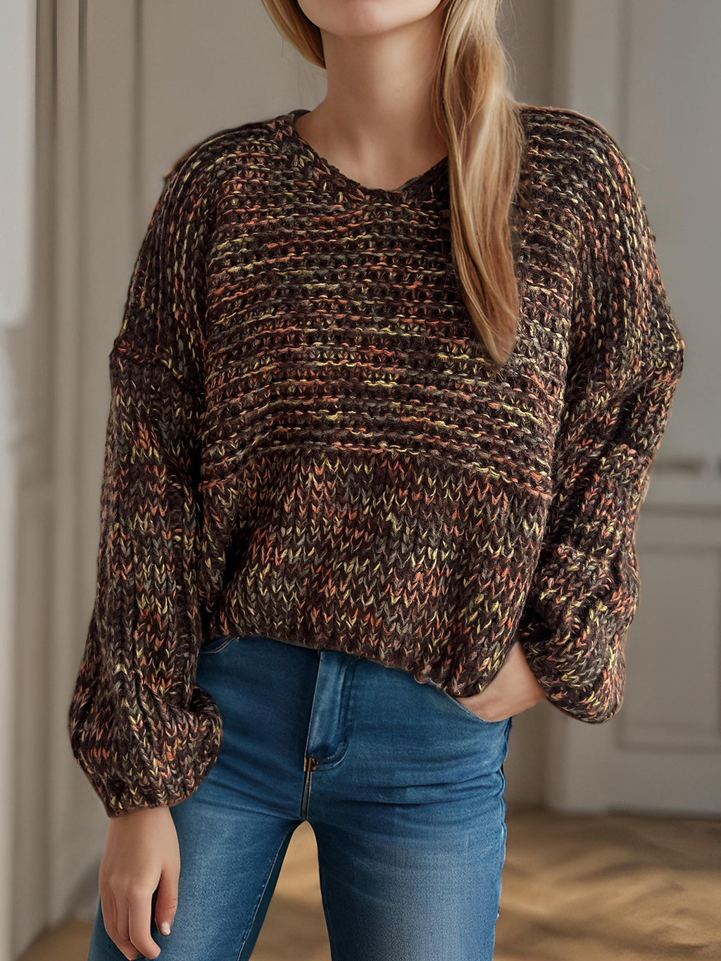 Marled Balloon Sleeve Cropped Jumper - brown - 1