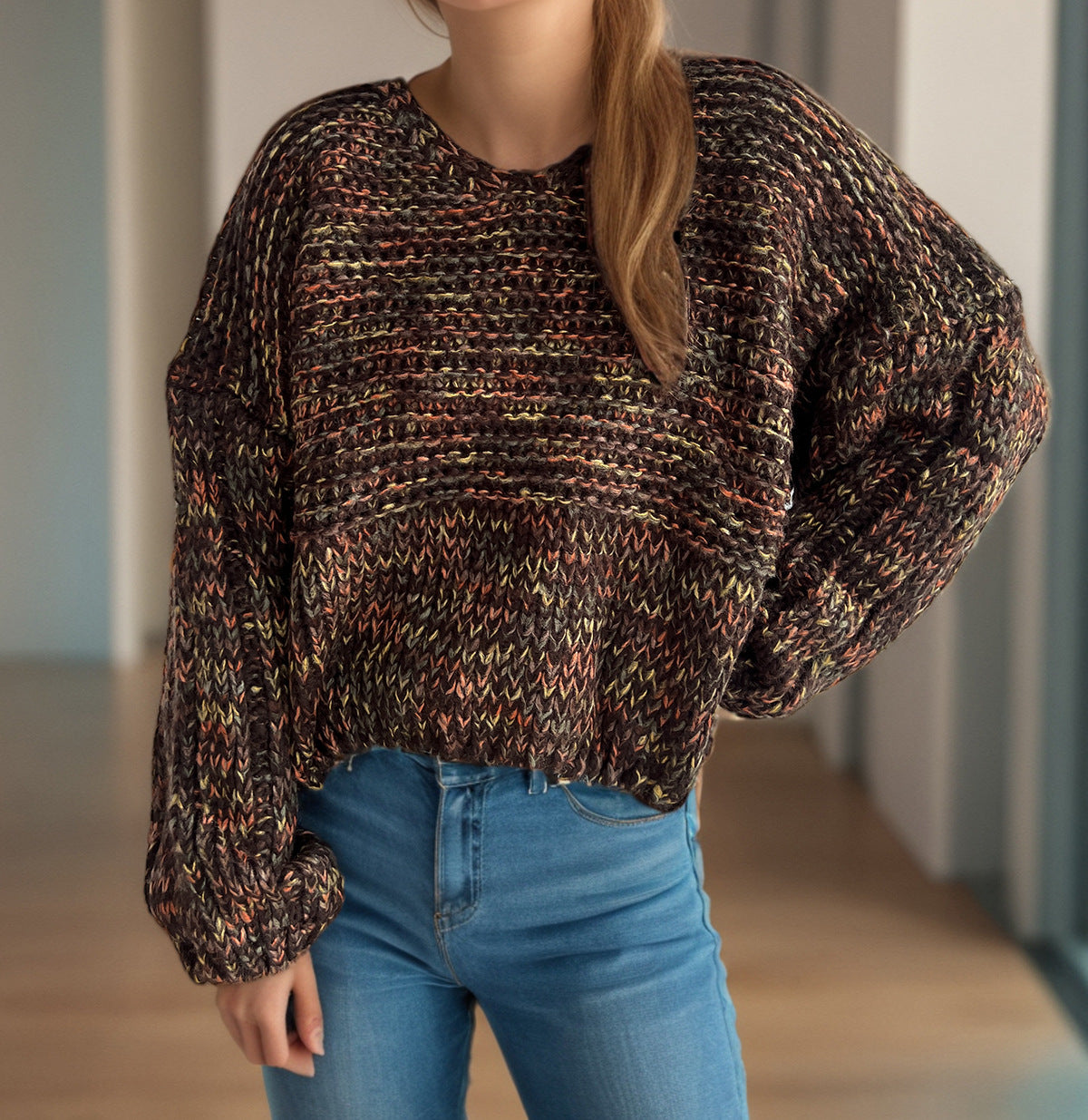 Marled Balloon Sleeve Cropped Jumper - brown - 2