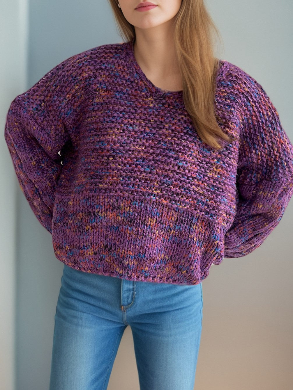 Marled Balloon Sleeve Cropped Jumper - purple